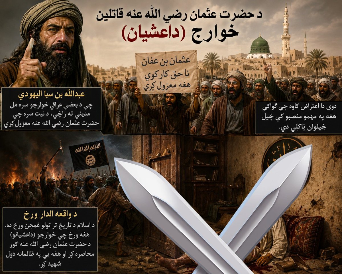 hashami311's tweet photo. د حضرت عثمان رض قاتلان خوارج (داعشیان)
عبدالله بن سبا یهودی له ځینو عراقي خوارجو سره مدینې  ته په دې نیت راغی چې حضرت عثمان رض معزول کړي.په دې بهانه  چی  هغه په  منصبو خپل خپلوان ټاکلي 
 دوی راغله او د حضرت عثمان رض کور یی محاصره کړ،او هغه یی په ډېر ظلم او بې رحمي   سره شهید کړ https://t.co/DuD95c9kO6
