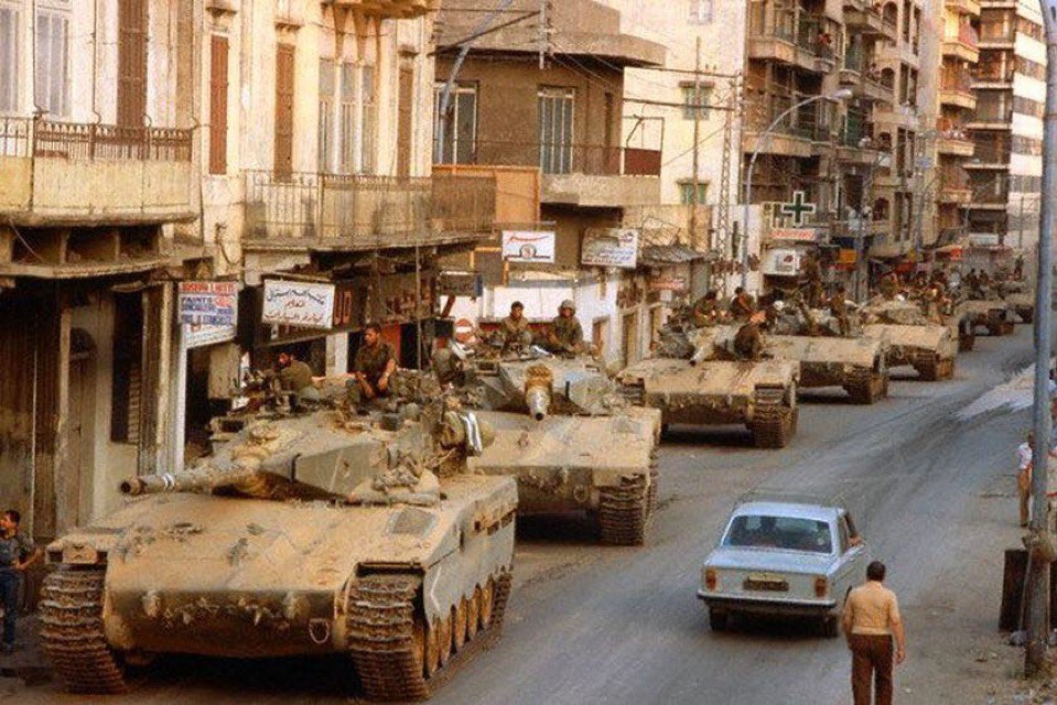 EthanLevins2's tweet photo. Israeli tanks in Beirut, Lebanon. 

Hezbollah didn’t exist. 

They killed 6,800 people. https://t.co/CTzsRQUQEV