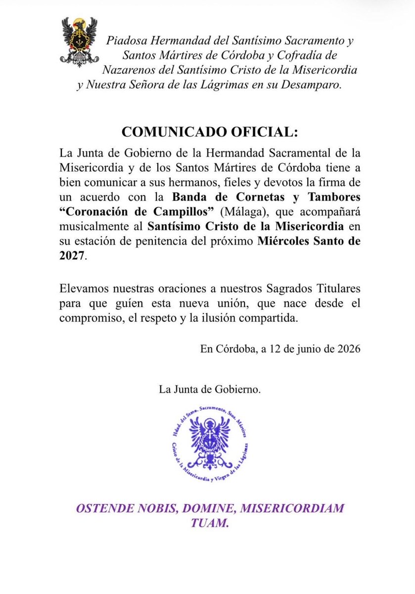 retablosdpasion's tweet photo. 🆕 La @misericordia_co irá con la BCT Coronación de Campillos de Málaga el próximo Miércoles Santo.

✒️ Se disipa así la duda de optar por el acompañamiento en silencio o con trío de capilla que demandaba un sector de la cofradía con el señor de San Pedro https://t.co/ik9yYY3FoQ