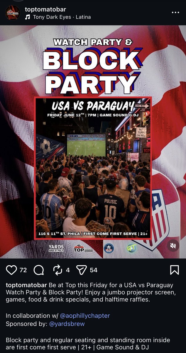 Jimmyking35's tweet photo. Good morning Philly! It’s Day 2 of the 2026 World Cup and the opening match for #USMNT  is tonight at 9pm against Paraguay⚽️🏆🏟️🇺🇸🇵🇾

Here’s some of the best events and places to join in on the World Cup action and watch matches in the city of Philadelphia (links to full list below)

-FIFA Fan Fest at Lemon Hill got off to a great start yesterday and is free and open everyday for the entire tournament!

-Top Tomato Block & Watch Party - Enjoy a jumbo projector screen, games, food & drink specials, and halftime raffles

-Philadelphia Union’s Soccer Celebration Presented by Michelob Ultra - Union Yards @ Subaru Park - 8 p.m.

-666 Cat pop-up and watch party @ Human Robot - 1710 N 5th St - 6pm
Watch Party for USA vs Paraguay (9pm) with shirts, prints, and other stuff by local artist 666 Cat

-Brauhaus Schmitz

-Lion Sports Bar

-McGillin’s 

-Misconduct Tavern

-Topside Tavern

-Yards Brewing 

Daily World Cup Events: https://t.co/kPmP60fegv?
Best Places To Watch World Cup: https://t.co/pKHzdgFzR4?