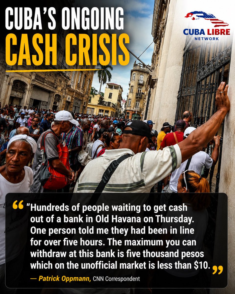 CubaLibreNet's tweet photo. The scene in this photo did not begin in 2025 or 2026.

Cuba’s cash crisis is the result of years of economic decline, runaway inflation, currency distortions, shortages, and failed communist policies that have steadily weakened the country’s banking system…. https://t.co/tg7ipm0C8j