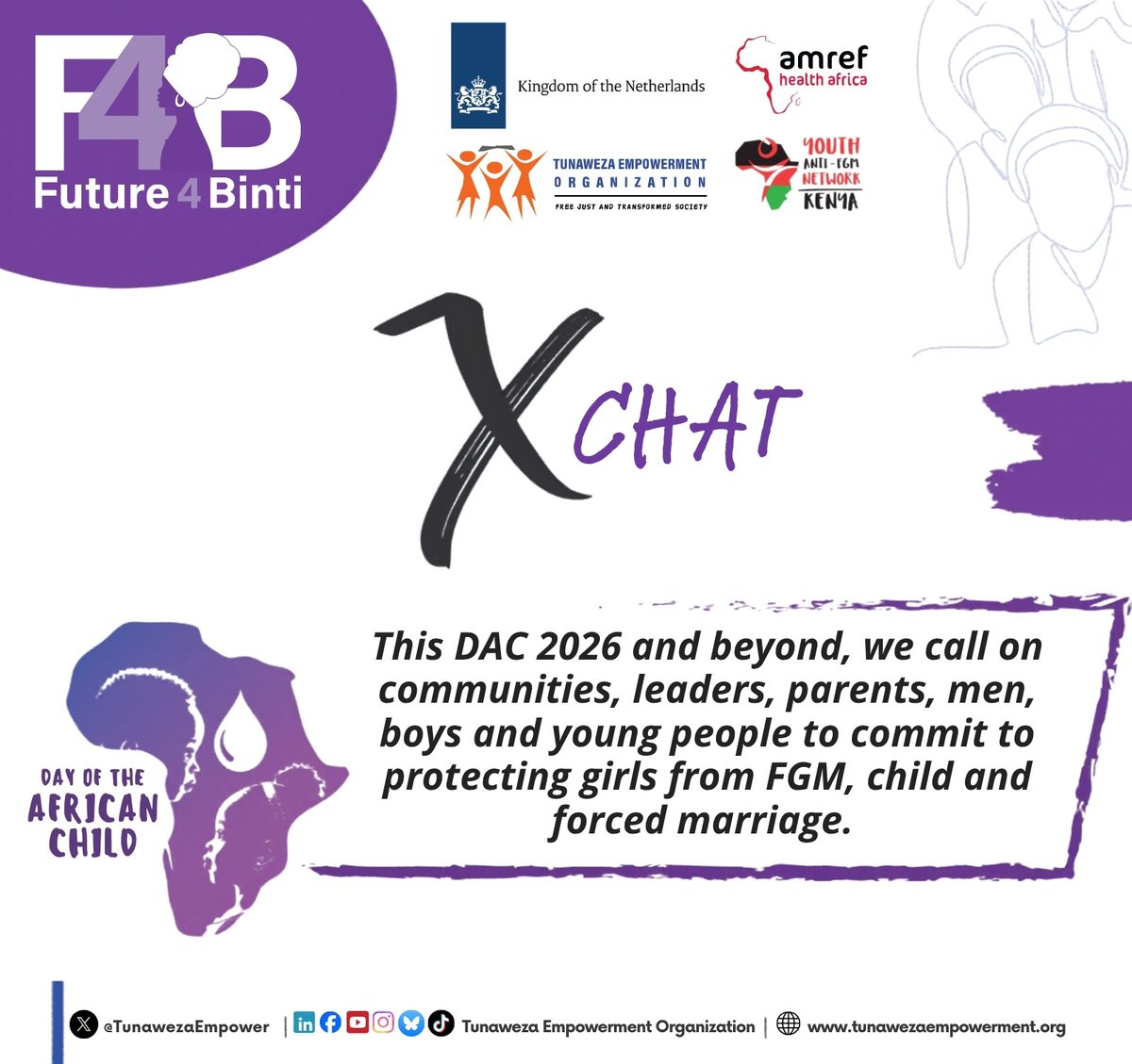 TunawezaEmpower's tweet photo. This DAC 2026 and beyond, we call on communities, leaders, parents, men, boys and young people to commit to protecting girls from FGM, child and forced marriage. 

#Future4Binti #DAC2026 https://t.co/jSz7VWbAqU