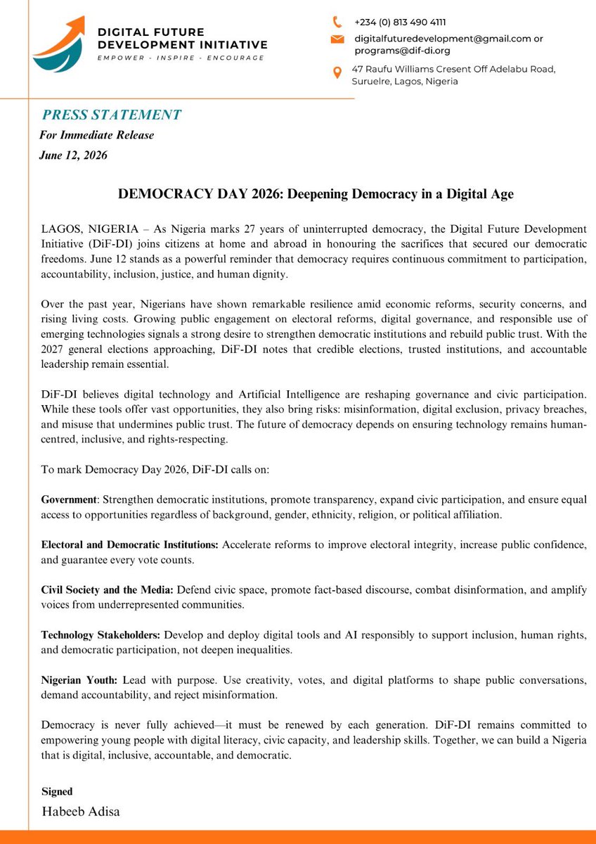 DiF_Development's tweet photo. As we mark Democracy Day, let’s renew our commitment to building a digital, inclusive, and accountable Nigeria. 

#DemocracyDay2026 #DifDI #Activecitizenship #goodgovernance https://t.co/PbjgOeK86a