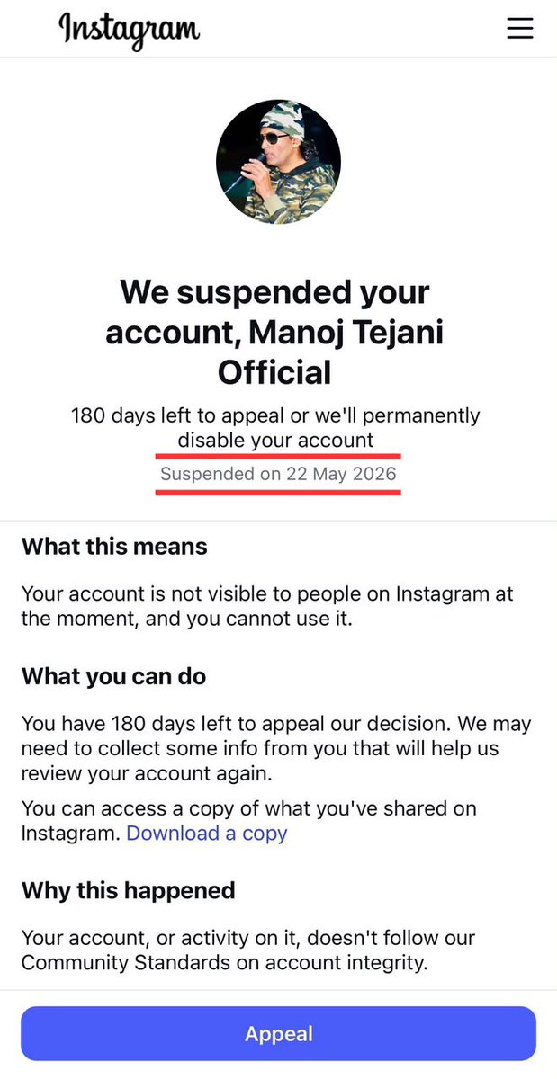 manojtejani521's tweet photo. @Instagram @Meta #AccountDisabled #accountRecovery #helpinstagram 
my account @tejanimanoj and @m_r_tejani_official got disabled on April 19,2026 and May 22,2026 please guide me to recover my Instagram account or recover my Instagram account https://t.co/drQYDHll49