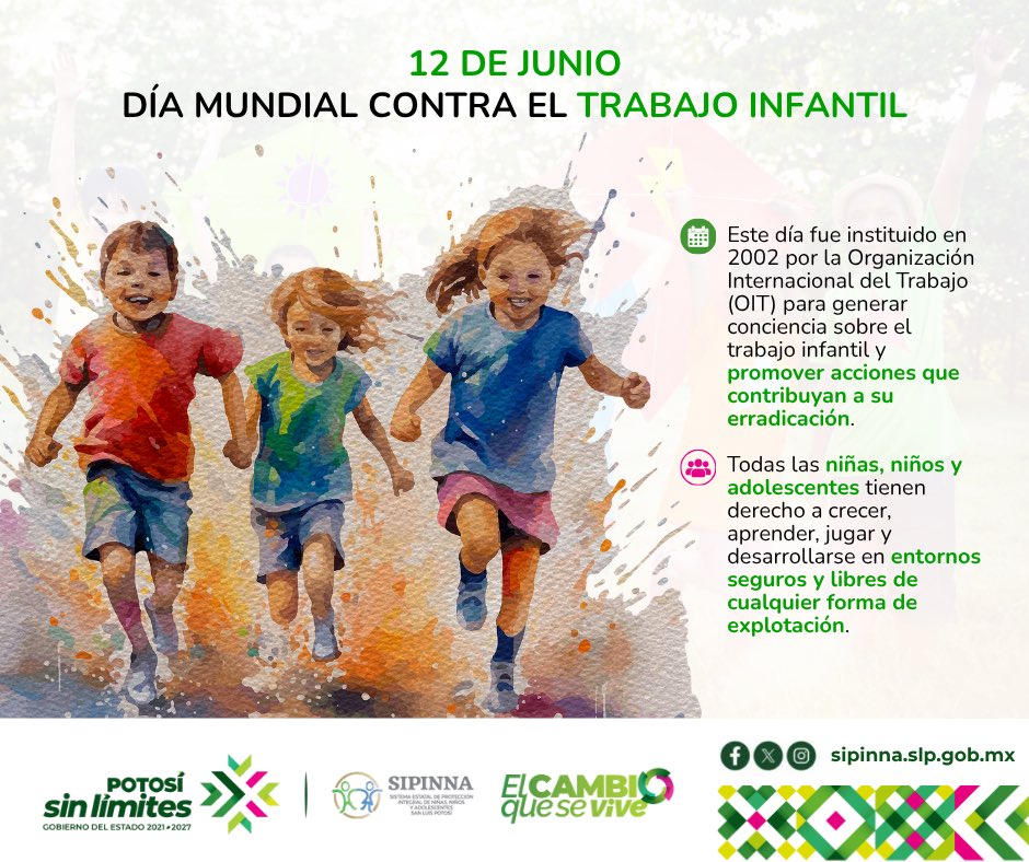 SipinnaSlp's tweet photo. La Secretaría Ejecutiva del #SIPINNASLP conmemora el Día Mundial contra el Trabajo Infantil🚫una fecha que nos invita a reflexionar sobre la importancia de garantizar que todas las NNA crezcan en entornos seguros y con oportunidades para su desarrollo integral.
#DerechosdeNNA https://t.co/6UgCyLWeey