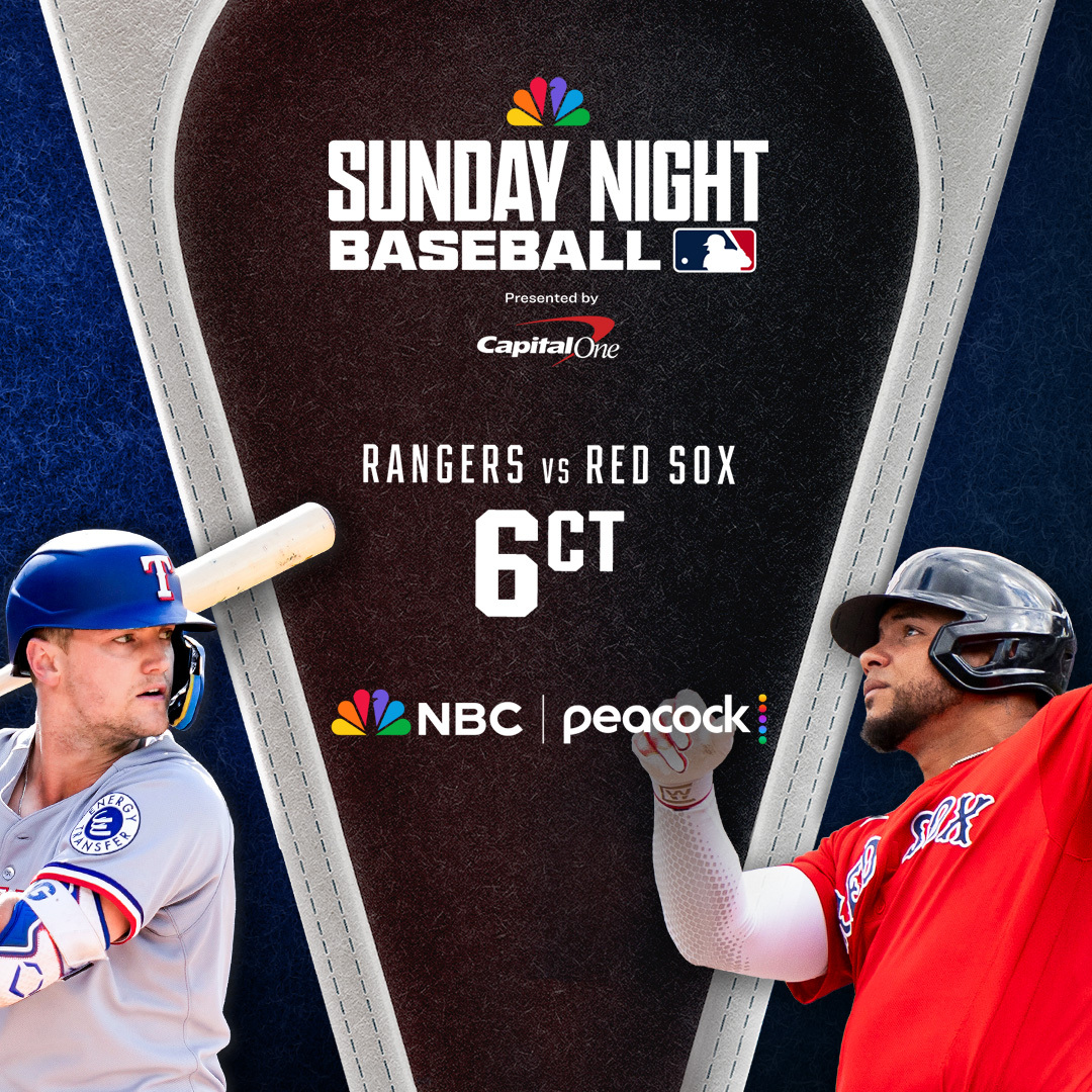 Rangers's tweet photo. Watch as we take on the Red Sox tonight on MLB Sunday Night Baseball! LIVE on NBC and @peacock. 

📺 https://t.co/da28QE8BUB https://t.co/mWLBCJIVnd