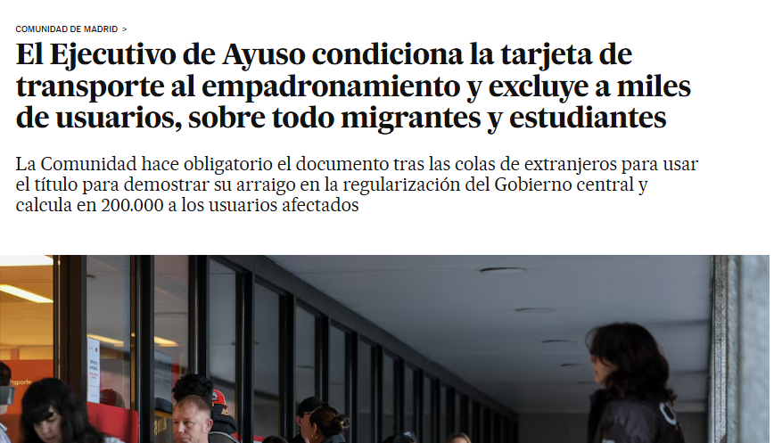 vdvaldesc's tweet photo. No solamente fracasó Ayuso intentando boicotear la regularización de migrantes residentes en España, ahora además, les castiga excluyéndoles de la tarjeta de transporte público. A ellos, y a quiénes vengan de Teruel, A Coruña o Córdoba. 

La región de la "libertad". https://t.co/3cup96fZo9