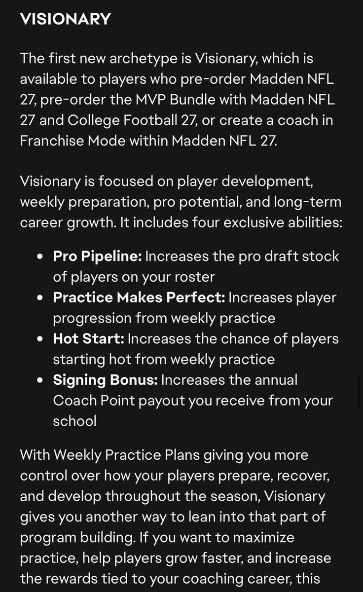 Poodle_YT's tweet photo. After some thought, I think if you can swing it, you need to getting the MVP+ membership for CFB 27 dynasty. If you are a competitive dynasty player, you will be at a disadvantage without “Rainmaker” or “Visionary” Coach packages, as well as the +150 coach points.

Here’s my reasoning

- these packages are very similar to CEO in the sense that are 1 off packages with large bonuses, and no wasted costs scaling up the tiers.

- they are free to unlock, and combined with the fact that you get an extra +150, it’s basically a day 1 unlock for players.

- I think at least 3 of the visionary packages will be in my final coach build. It pairs very very with what I will be trying to do with talent developer and maximizing dynasty points

-  I see all 4 of rainmaker’s packages being useful. It will pair with my support staff and trying to maximize my dynasty points.

- I think rainmaker will be great for both small and big schools, while visionary be slightly lean big schools at least for “pro pipeline”

I think at bare minimum 5/8 of these packages will be in my final coach build, with potential for 7/8. That alone makes this a must grab for serious dynasty players.