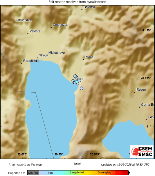 LastQuake's tweet photo. Eyewitnesses reported shaking in #RepublicofNorthMacedonia 7 min ago (local time 17:23:52)⚠
At present, we have no seismic data confirming this crowdsourced detection.❗
 More info soon! https://t.co/8UKAYWCiIb