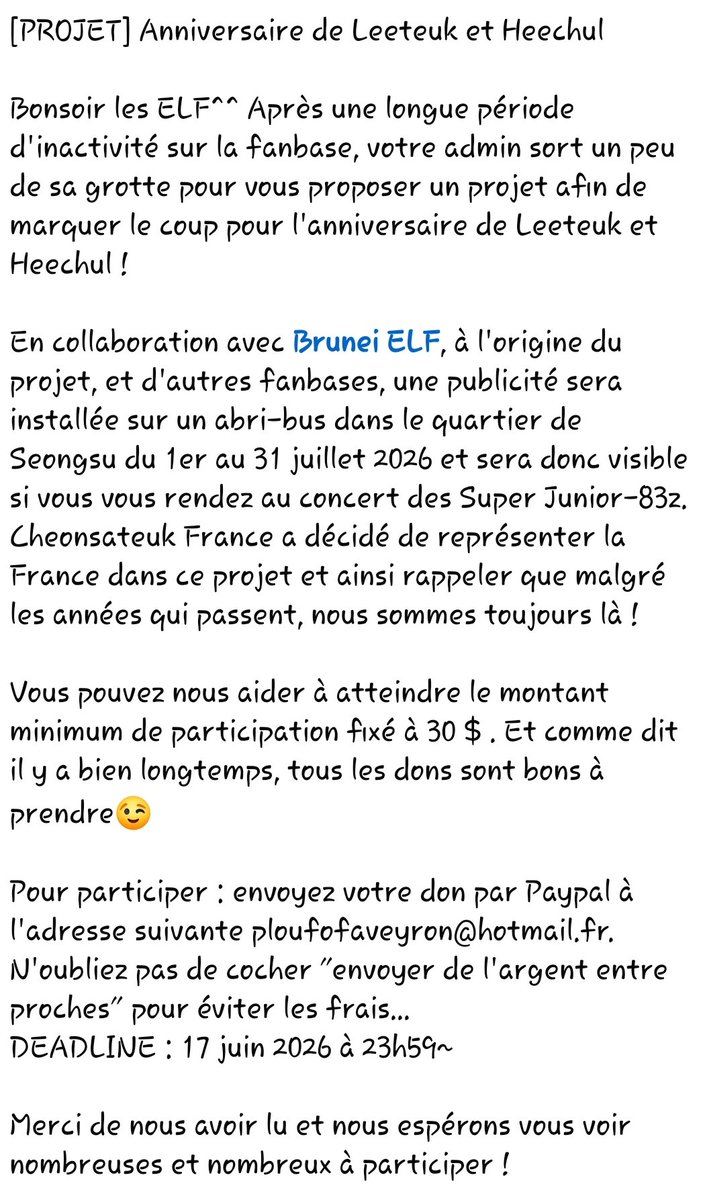 CheonsaTeukFr's tweet photo. [PROJET] Anniversaire de Leeteuk et Heechul

Vous avec encore 5 jours pour participer à la cagnotte^^ Grâce à votre générosité, nous avons déjà recolté la moitié du minimum nécessaire ! Merci de tout coeur de nous faire confiance🥰 https://t.co/QQu2RI1wMb