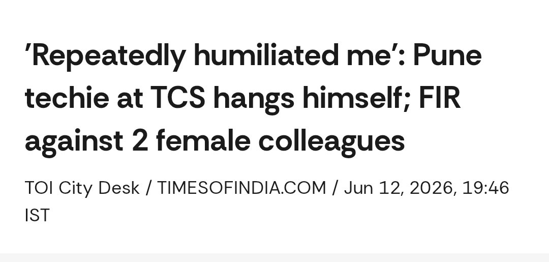 jyotiTpandey05's tweet photo. 48 year old Amit Brahme, an employee of TCS Hinjewadi, died by suicide. In his suicide note, he accused two females and male employee of harassment. 
Workplace harassment of men is never fun, it's a cruel and terrible thing to do to them. Harrasment law doesn't cover men so where would a man go ?