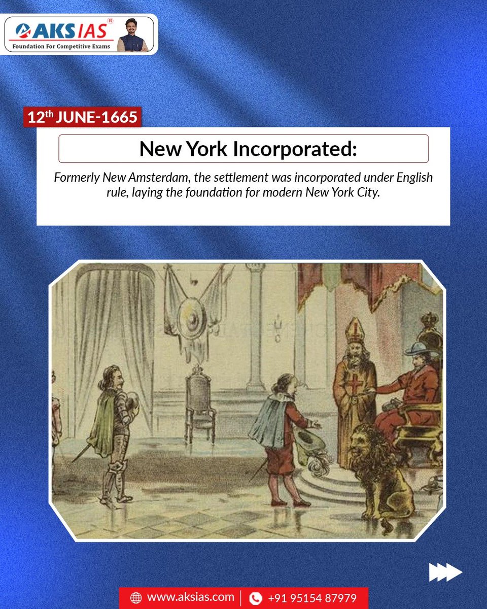 aks_ias's tweet photo. June 12th in History

INSAT-1D launched (1990), boosting India's communication &amp; weather forecasting.

Philippines declared independence from Spain (1898).

New York incorporated under English rule (1665), shaping the future of a global city.

#CurrentAffairs #UPSC #AKSIAS https://t.co/Y5T83ZMKqN