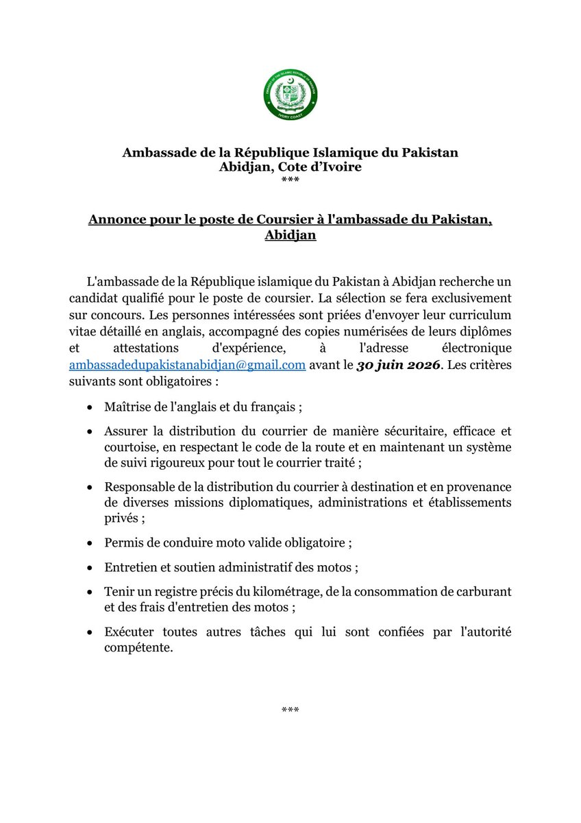PakinCotedIvoir's tweet photo. Advertisement for the post for Messenger in Embassy of Pakistan, Abidjan https://t.co/oojZ3xRDKC