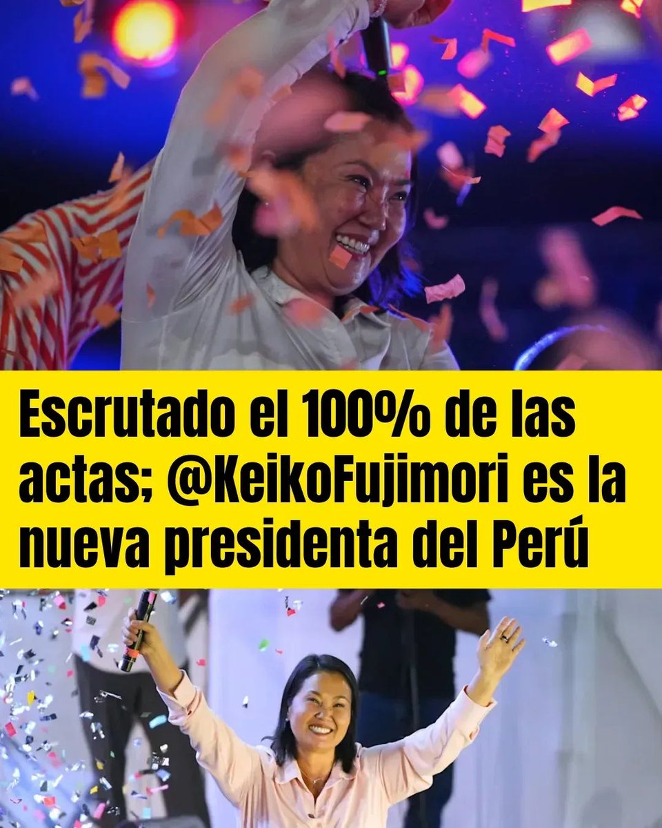 bavaro_digital's tweet photo. Se acabó la espera, escrutado el 100% de las actas; Keiko Fujimori es la nueva presidenta del Perú con 50.059% del total de votos.  

#KeikoFujimori 
#EleccionesPeru2026 https://t.co/dLXlX09mUK