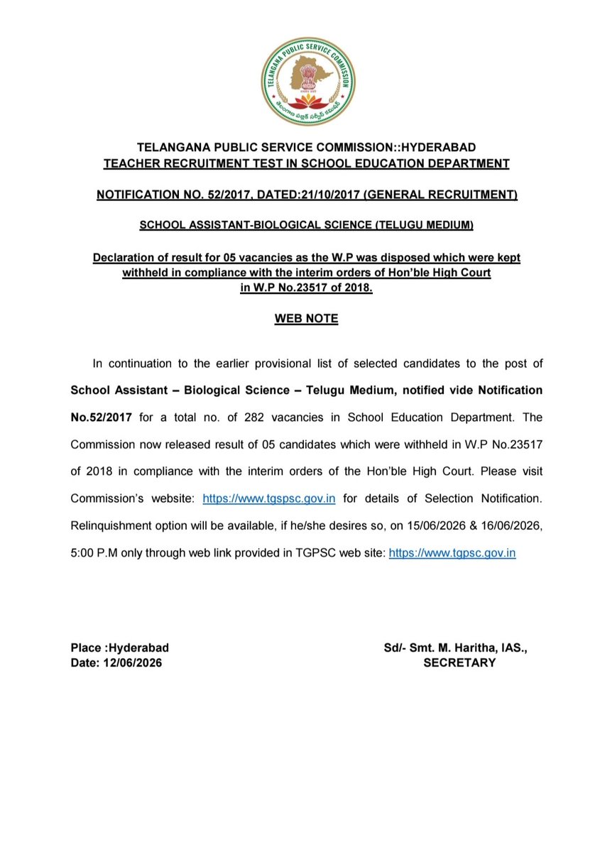 Tgpsc2024's tweet photo. In continuation to the earlier provisional list of selected candidates to the post of SA – Biological Science – Telugu Medium, No.52/2017 for a total no. of 282 vacancies in School Education Department. The Commission now released result of 05 candidates which were withheld in Wp https://t.co/N81tBxdVrL