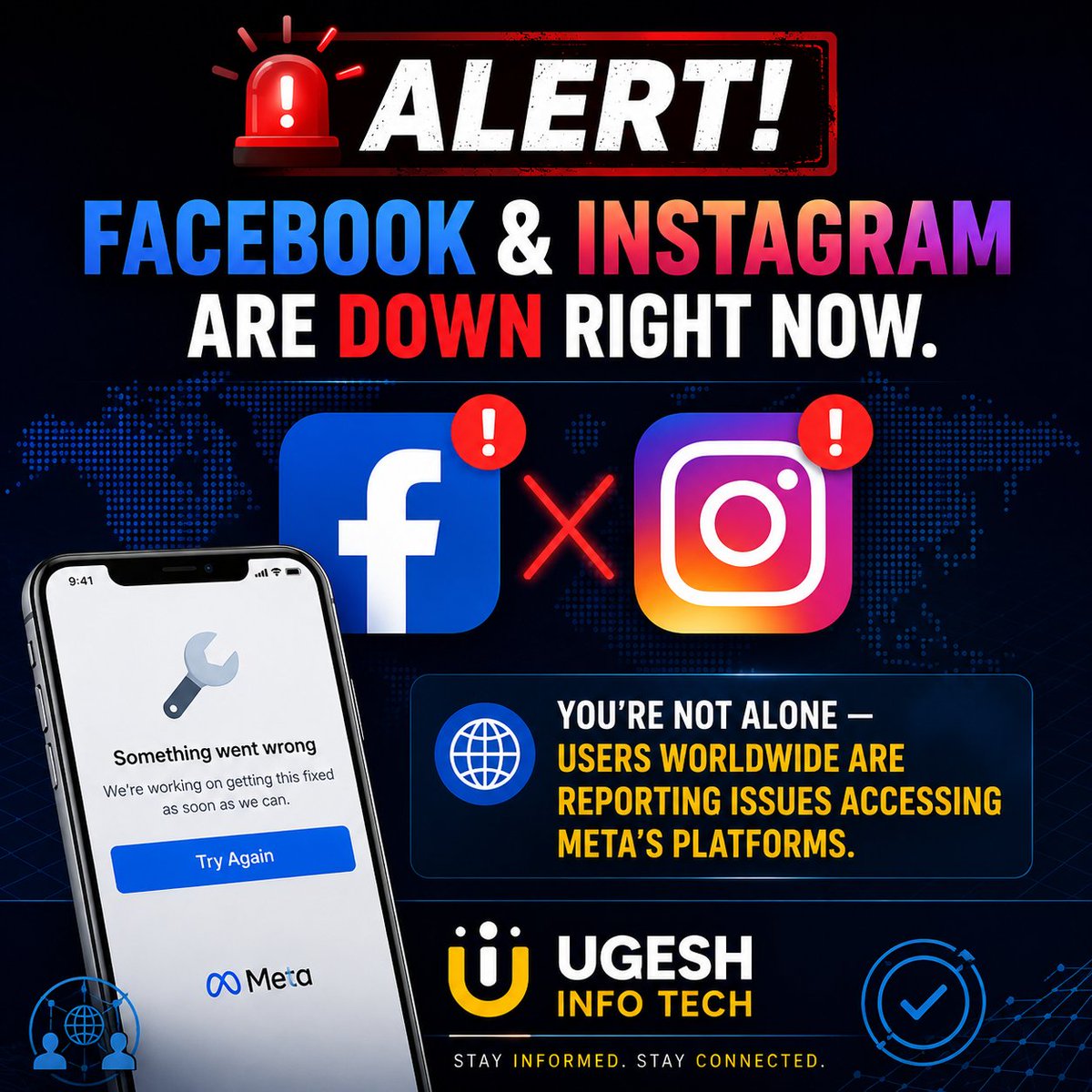 Ugeshinfotech's tweet photo. 🚨🚨 Facebook and Instagram are currently down.📲📲 

If you're having problems, you're not the only one, Relax 😒 https://t.co/9NsZlsi2GN