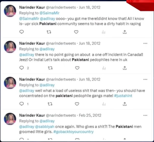 HypocrisyHunta's tweet photo. Hahaha get the fuck out of here Narinder.  

Bev absolutely rinsed you and now you’re throwing a sad little tantrum.  This is the same woman who was tweeting in 2012 about “Pakistani pedophile gangs” grooming British girls and telling them to piss off back to their country.  

Now acting like some delicate victim because a white woman dared to call out the chaos?