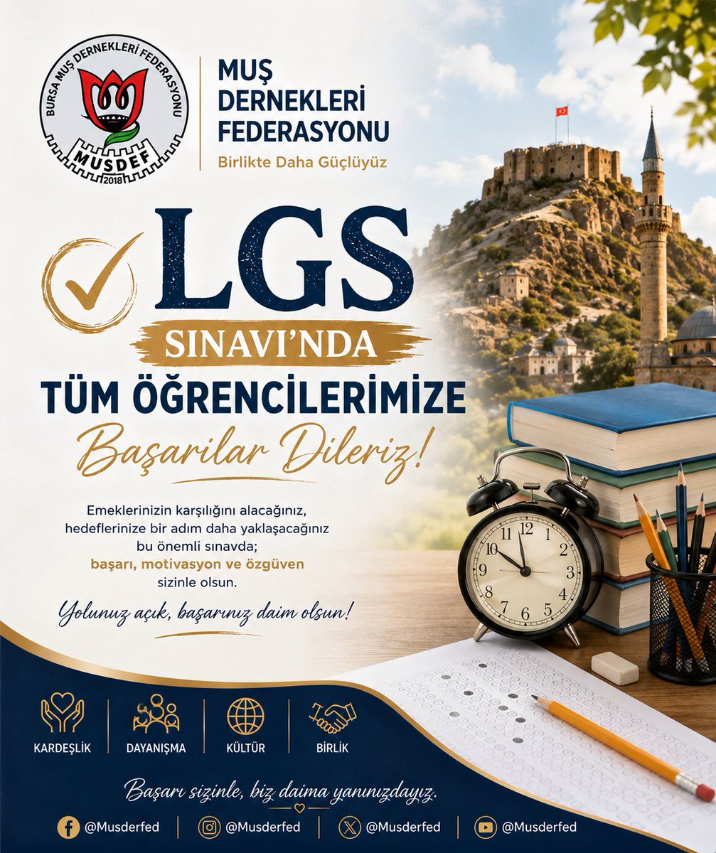 MusDerFed's tweet photo. 📚 LGS Sınavı’na girecek tüm öğrencilerimize gönülden başarılar diliyoruz. ✨

Uzun ve emek dolu bir hazırlık sürecinin ardından geleceğe atacağınız bu önemli adımda; heyecanınızı, azminizi ve emeğinizi yürekten destekliyoruz. 🤍 https://t.co/10gjbz1ahy