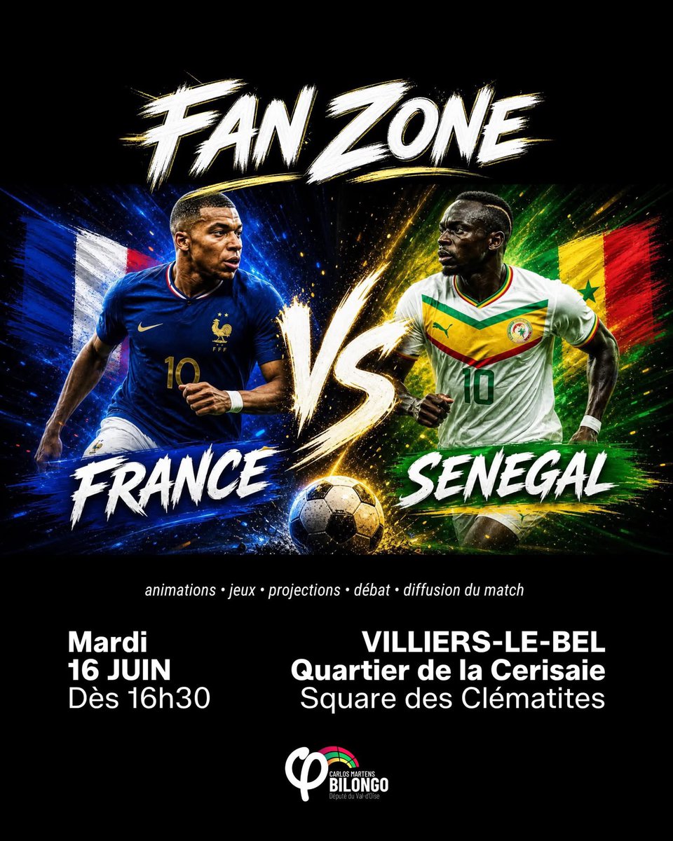BilongoCarlos's tweet photo. 🏟️𝗙𝗮𝗻 𝘇𝗼𝗻𝗲 𝗮̀ 𝗩𝗶𝗹𝗹𝗶𝗲𝗿𝘀-𝗹𝗲-𝗕𝗲𝗹 🇫🇷🇸🇳 
À l’occasion du premier match de la France vs Sénégal pour la Coupe du Monde. Cette initiative s’inscrit dans une vision de l’espace public fondée sur la confiance et le vivre-ensemble, proposera des animations, jeux, débat https://t.co/eWEExVGM9V