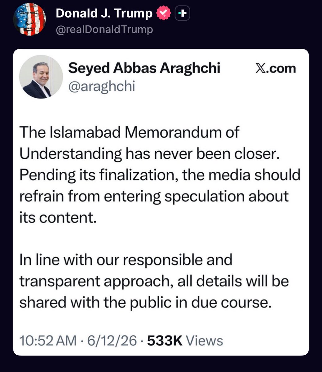 WW3_Monitor's tweet photo. PRESIDENT TRUMP JUST POSTED THE LATEST IRANIAN FM POST ON X ABOUT THE MOU DEAL BEING CLOSER THAN EVER

🇺🇸🇮🇷‼️‼️‼️‼️‼️‼️‼️‼️‼️‼️‼️‼️‼️ https://t.co/mAMz0U74at