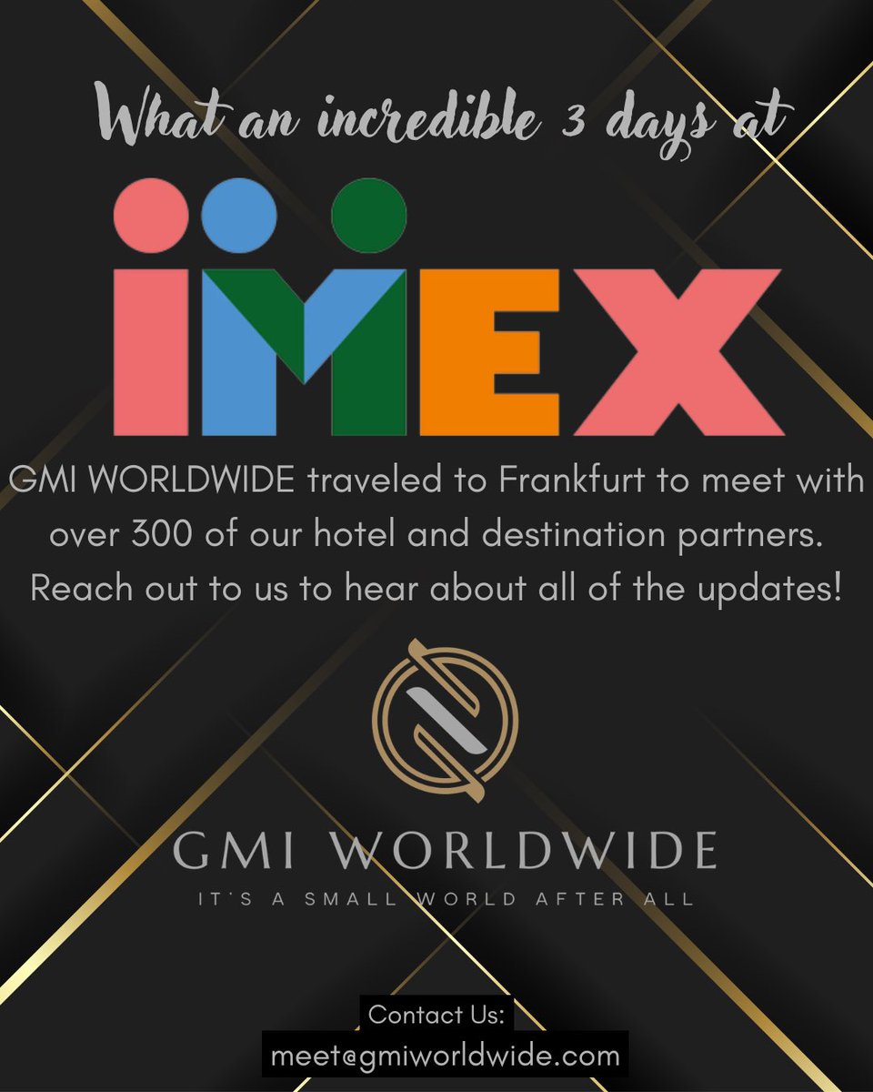 GMI_Worldwide's tweet photo. GMI WORLDWIDE loves our relationships in the US and with all of our international partners. IMEX Frankfurt brings together industry partners from all over the world, and we were thrilled to connect with them! From great meetings to great parties, we took IMEX by storm! https://t.co/QESrNiqEJC