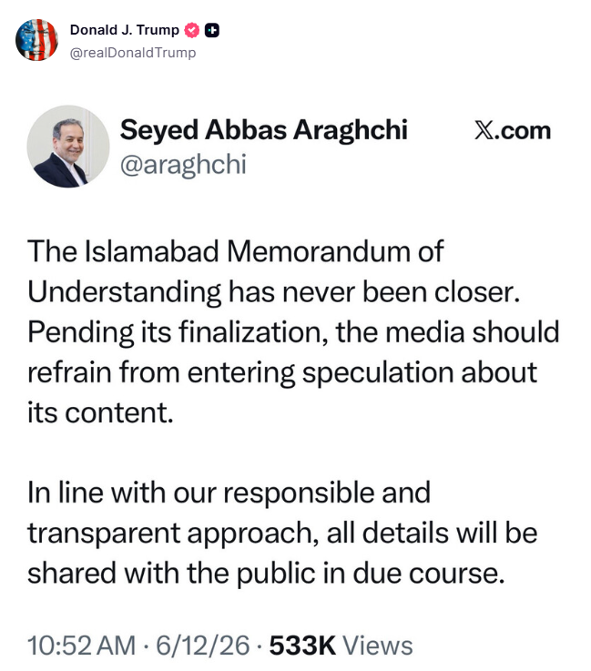 clashreport's tweet photo. Trump reposts Araghchi. https://t.co/hXyV2UBRCz