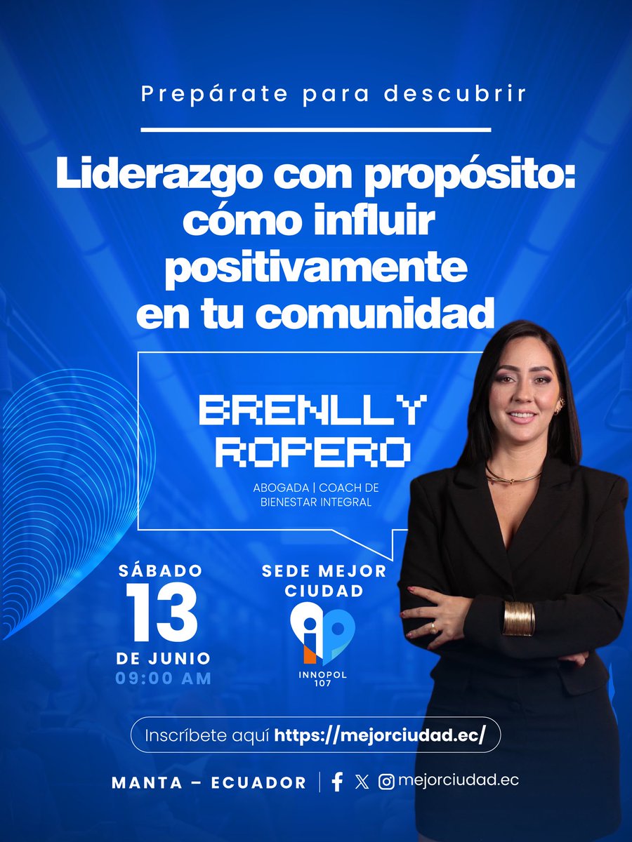 107mejorciudad's tweet photo. Brenlly Ropero es abogada y coach de bienestar integral.

Ella nos hablará sobre liderazgo con propósito y cómo influir positivamente en nuestra comunidad desde las acciones de cada día.

Inscríbete aquí:
https://t.co/mAf7TRtB9x https://t.co/jAUPBnWPql