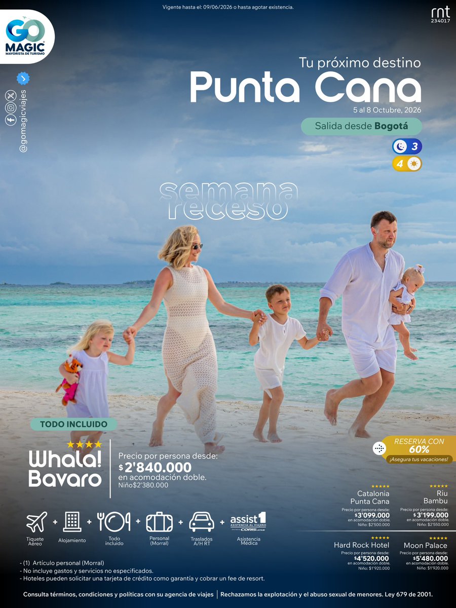 gomagicviajes's tweet photo. Semana de receso en Punta Cana 🏝️☀️ Todo incluido y opciones para toda la familia. Reserva con el 60% y asegura tus vacaciones. #GoMagicTravel #Colombia #PuntaCana #SemanaDeReceso #Vacaciones #Caribe
@arajetairlines
@RiuHoteles https://t.co/g3F39sLR6Q