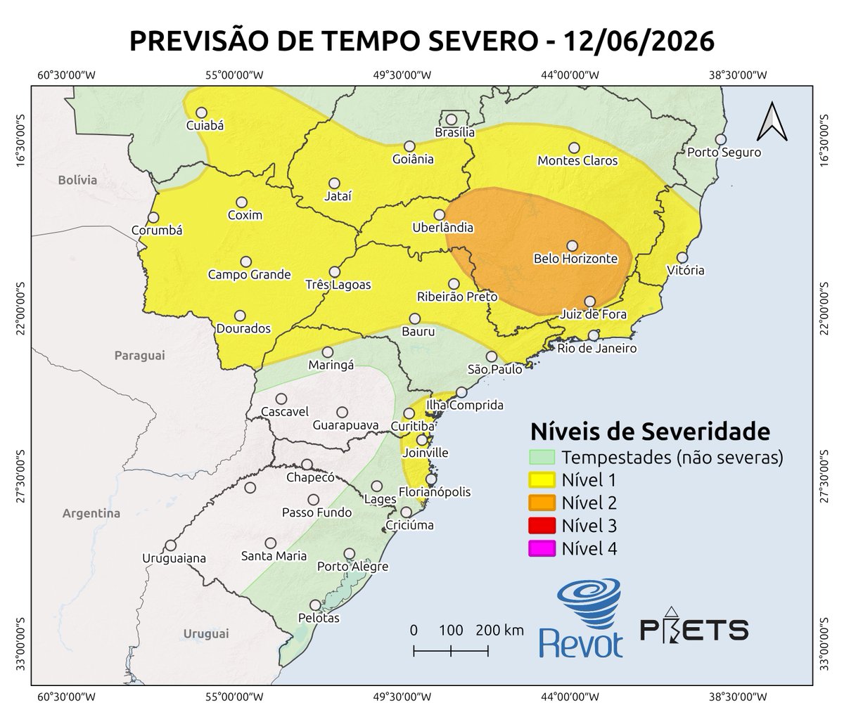 prevots_svr's tweet photo. Previsão convectiva de hoje (12/06/2026), válida até 12Z de amanhã. https://t.co/HcUIPrM8R4