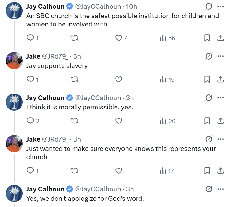 ChristaBrown777's tweet photo. When you see Southern Baptists defend their subjugation of women as mandated by "God's word," remember... that's also how they defended slavery &amp; some still do. In my replies yesterday:

"I think it is morally permissible... We don't apologize for God's word." #ThisistheSBC https://t.co/06OmdlrZVL