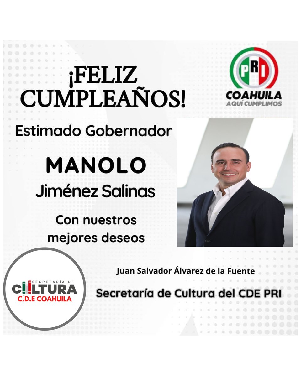 PRICoahCultura's tweet photo. ¡Feliz cumpleaños, estimado Gobernador @manolojim! Le deseamos lo mejor en su día especial. Agradecemos infinitamente su apoyo a la cultura.
¡Un fuerte abrazo de parte de todo el equipo de la Secretaría de Cultura del #PRICoahuila!
#manosquetrabajanporlacultura
#PRISaltillo https://t.co/Hk2DKKw5Es