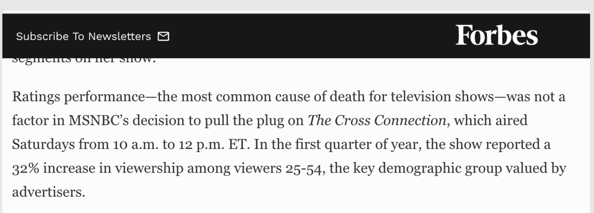 JamesEccle's tweet photo. @kissedbythesun also reminds me of msnbc cancelling tiffany cross despite the fact that she had grown the key audience demo by 32% for a show that was on at 10:00 a.m. on saturdays 😐 https://t.co/IKZ2Vvw9aE