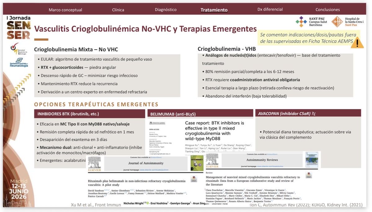 RoxOsler's tweet photo. 🔺Vasculitis crioglobulinémica: tratar causa, estratificar riesgo y escalar inmunosupresión según daño orgánico.
💊 RTX + GC siguen siendo clave. En refractarios, nuevas estrategias: BTK inhibitors, belimumab y potencialmente avacopan. #Jornadanefroreuma https://t.co/rvsVJo4pEE