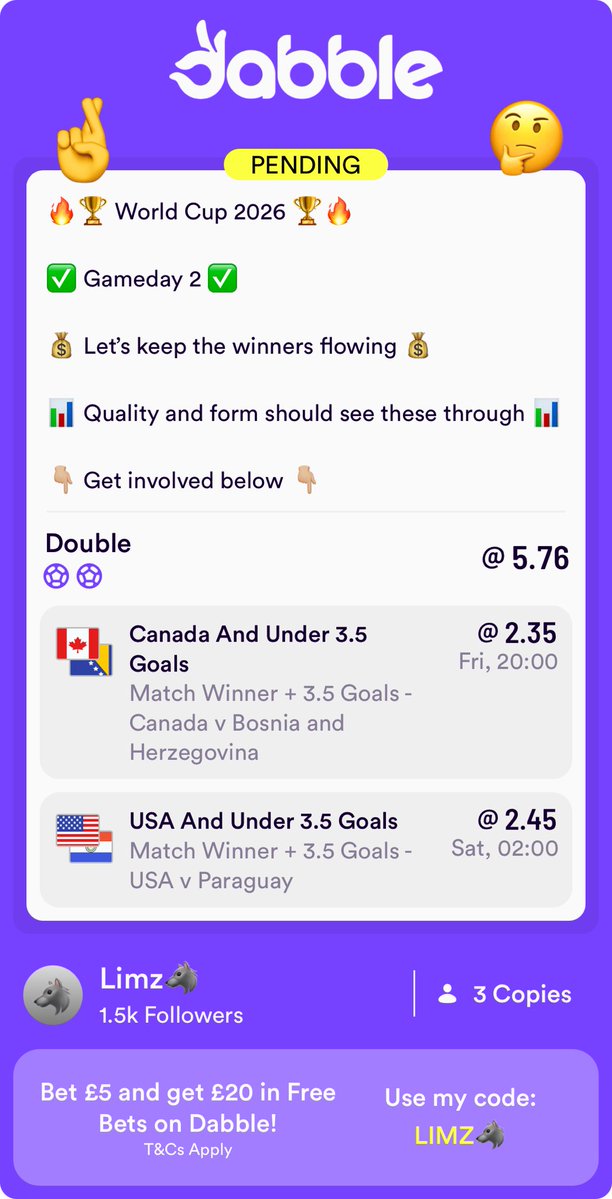 LimzPicks's tweet photo. 🔥🏆 World Cup 2026 🏆🔥

Match-day 2✅

Another tasty double I love the look of for tonight’s flip💰

Get involved below👇🏼
https://t.co/HSB3RtL9ze https://t.co/uXeP6nCv4x