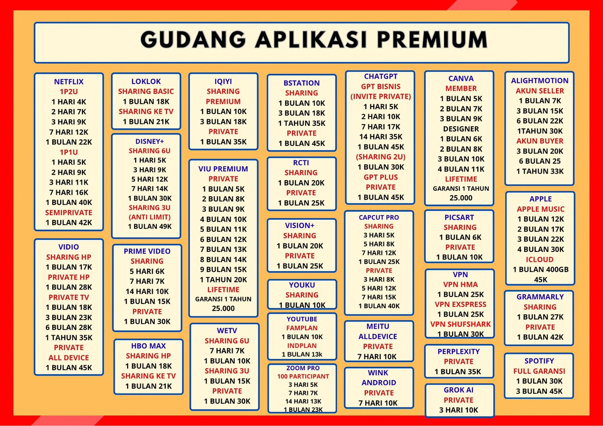 mountaidn's tweet photo. WTS WTB MARI BELI JUAL APP PREMIUM PRO DIJAMIN CEPAT RAMAH DAN TERPERCAYA, TANYA DURASI? BOLEH

NETFLIX DISNEY HBO VIU WETV YOUTUBE IQIYI BSTATION YOUKU CAPCUT CANVA MS365 LOKLOK PRIME DLL 

Fastrespon: https://t.co/3VSdE0HjYn
#zonauang #zonajajan 8491ur https://t.co/a6QfkfJuZs