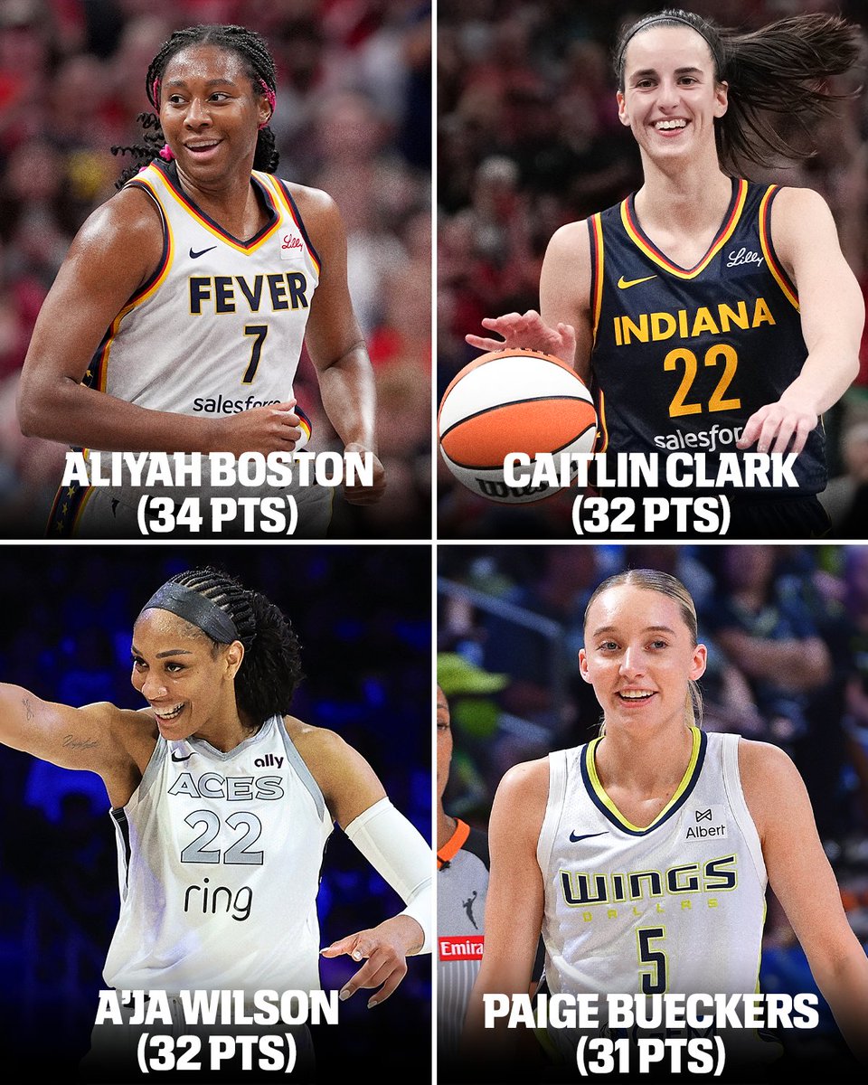 espnW's tweet photo. The top four scorers across the WNBA on Thursday 👀

For the first time in WNBA history, four No. 1 overall draft picks scored 30+ points on the same day 🥶 https://t.co/DjE4pSlGc7