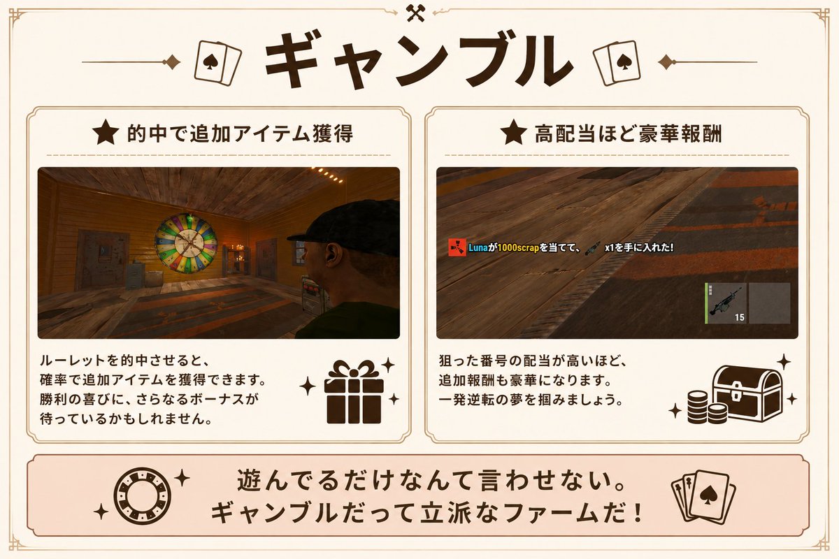 LegacyRust46536's tweet photo. サーバー独自要素紹介 
[ギャンブル]  
ギャンブルで遊ぶだけじゃ終わらない ！
ルーレットで的中すると、確率で追加アイテムを獲得できます！  #LR #LegacyRust #スト鯖 https://t.co/0Aqc6lKDIo
