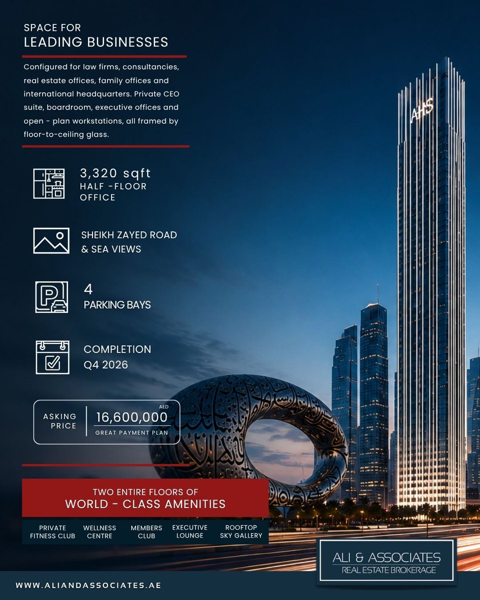 aliassociatesRE's tweet photo. Own a Grade A office on Sheikh Zayed Road.

📍 Level 48 | 3,320 sq.ft.
🌆 SZR &amp; Sea Views
🚗 4 Parking Bays
💰 AED 16.6M
📅 Completion Q4 2026

Direct metro access. Minutes from DIFC &amp; Downtown.
#DubaiRealEstate #CommercialProperty #SheikhZayedRoad #DubaiBusiness #InvestDubai https://t.co/iBJCCiCHW8