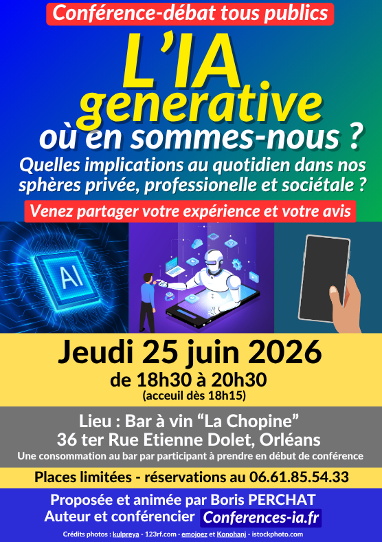 borisperchat's tweet photo. 🔥 Ma nouvelle conférence est une conférence-débat où chaque participant pourra témoigner un verre à la main de son usage et de ses compréhensions sur  l'IA générative à la lumière de faits d'actualité que j'exposerai.

#orleans #conference #IA #AI #iagenerative #debat https://t.co/OOcOSGUdKk
