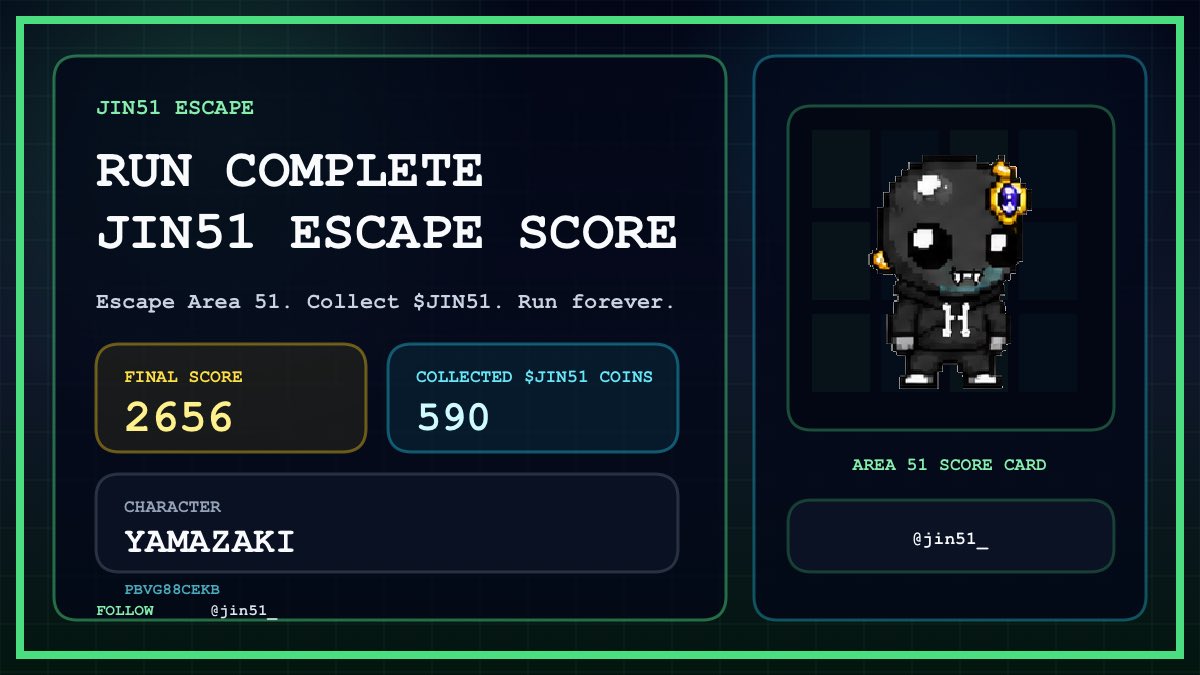samura1987's tweet photo. やっぱジンしか勝たん！

I just escaped Area 51 in JIN51 ESCAPE!!
Score: 2656
Character: Yamazaki
Collected $JIN51 Coins: 590

Can you beat my score?
@jin51_

#JIN51ESCAPE https://t.co/XVa1Im5qN0
