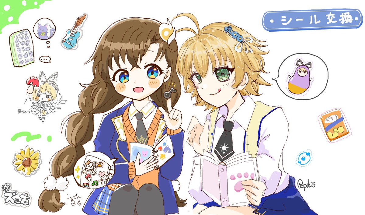 shell_0517_kai's tweet photo. 昨日ぱぴこままと絵チャした！
シール交換しそうな異界とキャラをピックアップしてあみだくじで決めた結果リレイちゃんとトヨミちゃんに✨️トミちゃんままの絵柄にマッチしすぎだし線も塗りも綺麗ってどういうこと⁉️久しぶりと思えないクオリティ…つまり天才ということ👏とても楽しかったー！✨️ https://t.co/N8ZItu2U0r