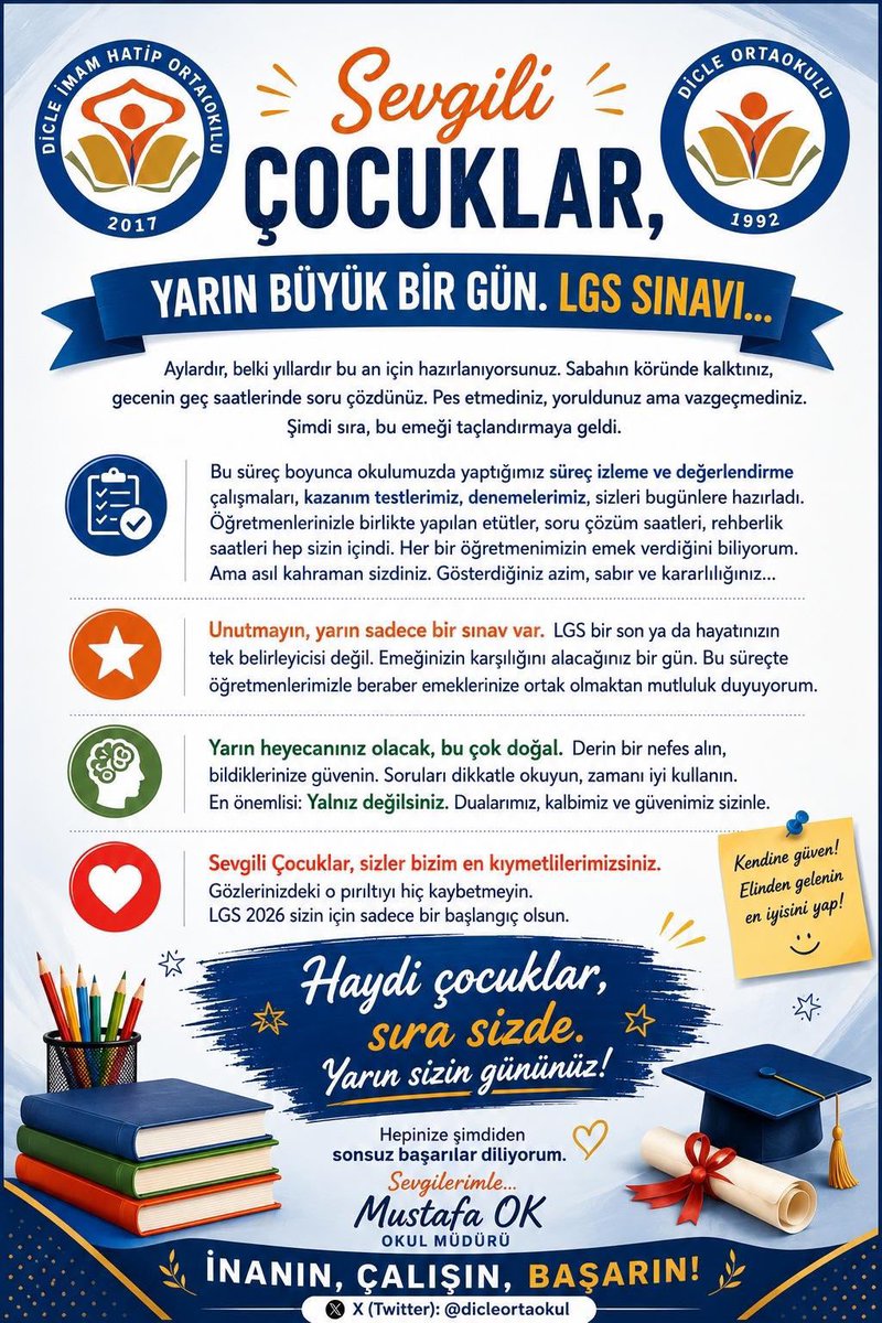 dicleortaokul's tweet photo. Sınava girecek tüm öğrencilerimize başarılar dileriz.
@abdullahsahinn
@KiziltepeKymlk
@ali_eyyupkoca
@makan47
@SuleymnAKIN 
@makdag47
@Bulutmuslum21
@kiziltepemem47 https://t.co/1CepzpmSql