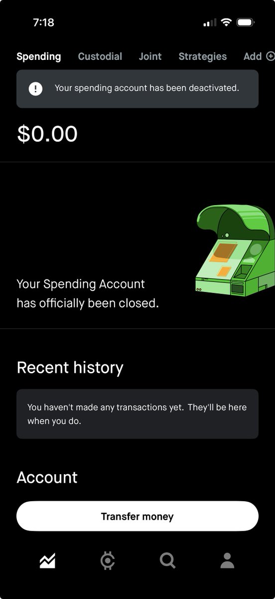one_valor's tweet photo. @RobinhoodApp Hey would be great if the legacy "Spending" tab can be removed, especially that I have nothing in there. https://t.co/GseAHmeQlk