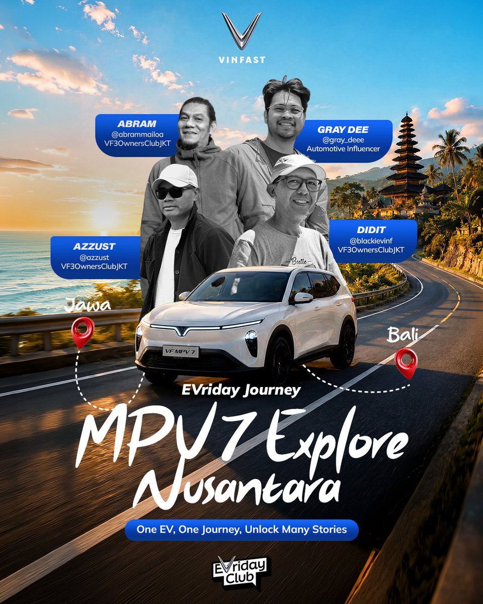 EVridayClub's tweet photo. Melalui MPV 7 Explore Nusantara siap menempuh ribuan kilometer melintasi Pulau Jawa hingga Bali ✨

Pantau terus social media EVriday Club dan ikut bertualang bersama kami di #EVridayJourney! 🏞️✨

#EVridayJourney
#MPV7exploreNusantara
#VinfastIndonesia https://t.co/QVeeYDQAbl