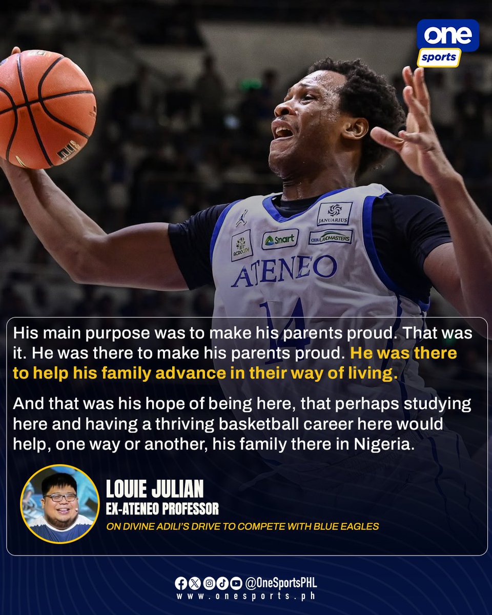 OneSportsPHL's tweet photo. DIVINE, A FAMILY MAN 👨‍👩‍👧‍👦

Former Ateneo professor Louie Julian shared how his late student Divine Adili worked tirelessly to make his family in Nigeria proud, using his opportunity to wear the Blue Eagles jersey in the UAAP as a stepping stone toward building a better future
#UAAP https://t.co/kG2xZlBiui
