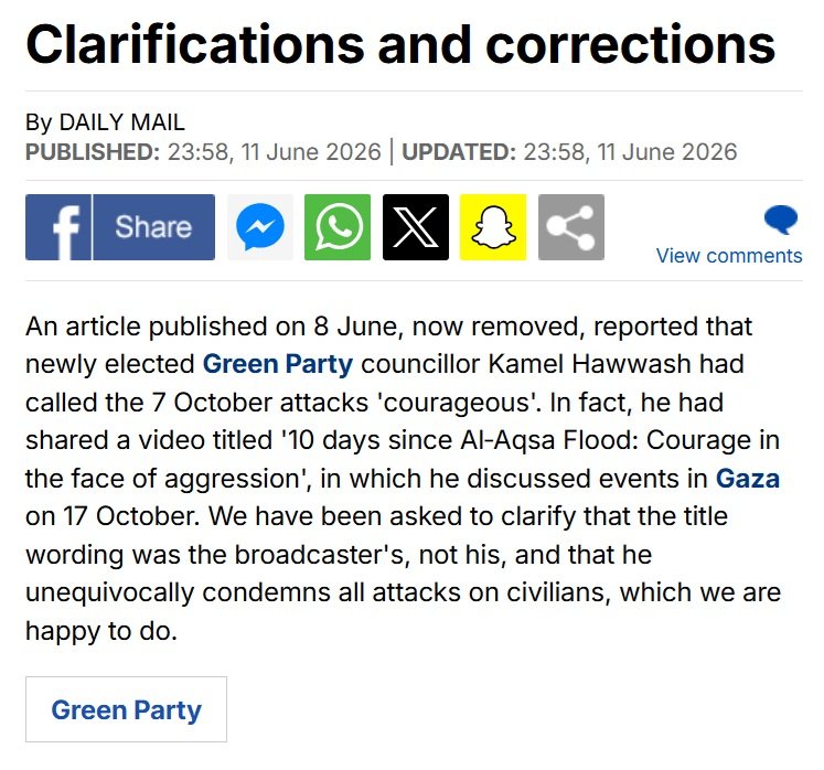 ZackPolanski's tweet photo. Daily Mail posts lies about the Greens that are spread far and wide. I wish half the number of people saw their apologies.

Solidarity with Kamel. https://t.co/1vKCwg2ihn
