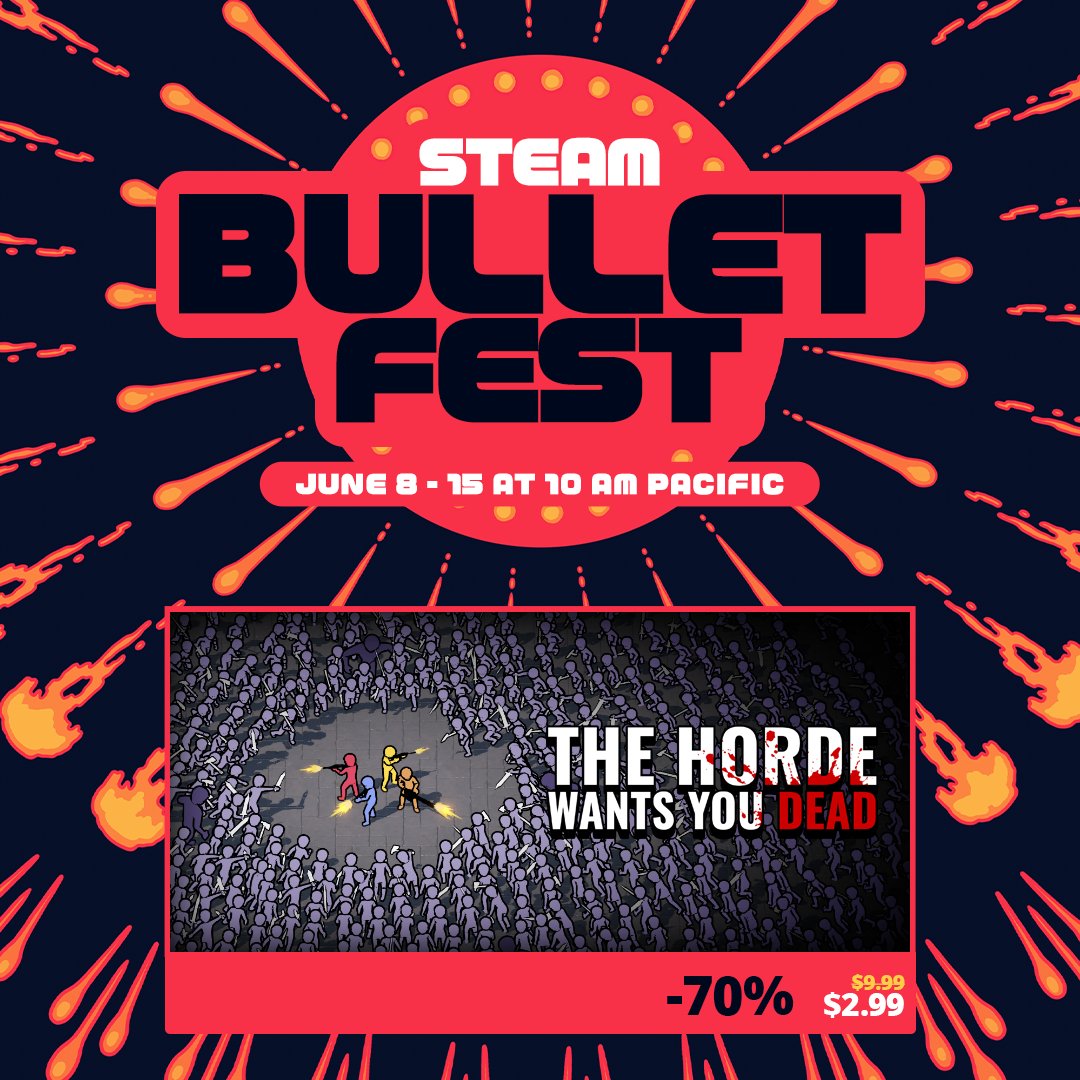 Bellyflop_Games's tweet photo. No plans for the weekend? The Horde Wants You Dead is in Steam's Bullet Fest with its biggest discount yet - 70% off!

Grab it here: https://t.co/3vL6wDFf9N

#gaming #game #games #indiegames #indiegame #multiplayer #gamedev #indiegamedev #bulletheaven #steambulletfest #steamgames https://t.co/rVNiZO3BG8