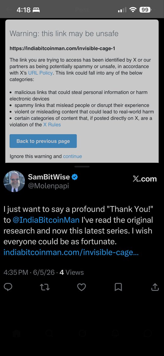 Molenpapi's tweet photo. This site is vitally informative, totally free, doesn’t even ask for an email, not monetized in any way. Its only danger is sharing an opinion that the fiat monopoly is stealing your time, energy and money through manufactured inflation. It’s only unsafe to the establishment. @IndiaBitcoinMan