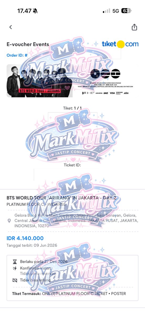 MarkMyTix's tweet photo. [HELP RT/LIKE]

WTS BTS WORLD TOUR ‘ARIRANG’ IN JAKARTA 
DAY 1 - PRESALE
PLATINUM TRIBUNE
1 TIX

WTS BTS WORLD TOUR ‘ARIRANG’ IN JAKARTA 
DAY 2 - PRESALE
PLATINUM FLOOR C
1 TIX

🧸 reason  : 
1. aku dapat VIP 
2. 1 tix tribune di cancel cust jastip https://t.co/gj0tqIroDf