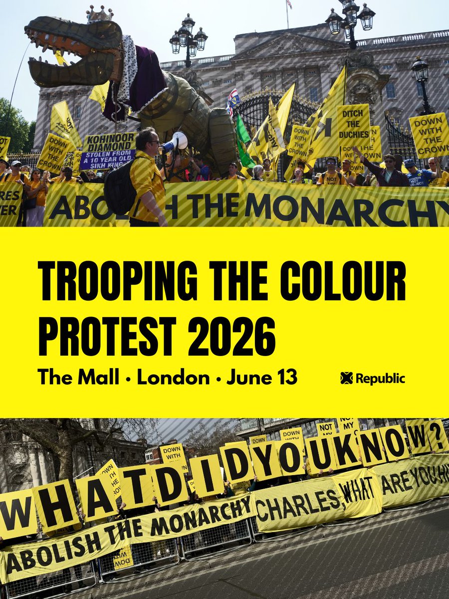 RepublicStaff's tweet photo. 🚨🚨 TOMORROW 8.30AM - We protest at Trooping the Colour. Click on the link below to get involved! #NotMyKing #AbolishTheMonarchy https://t.co/WUzB3ZTBMC